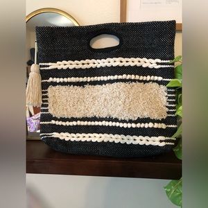 Black and white woven tote bag